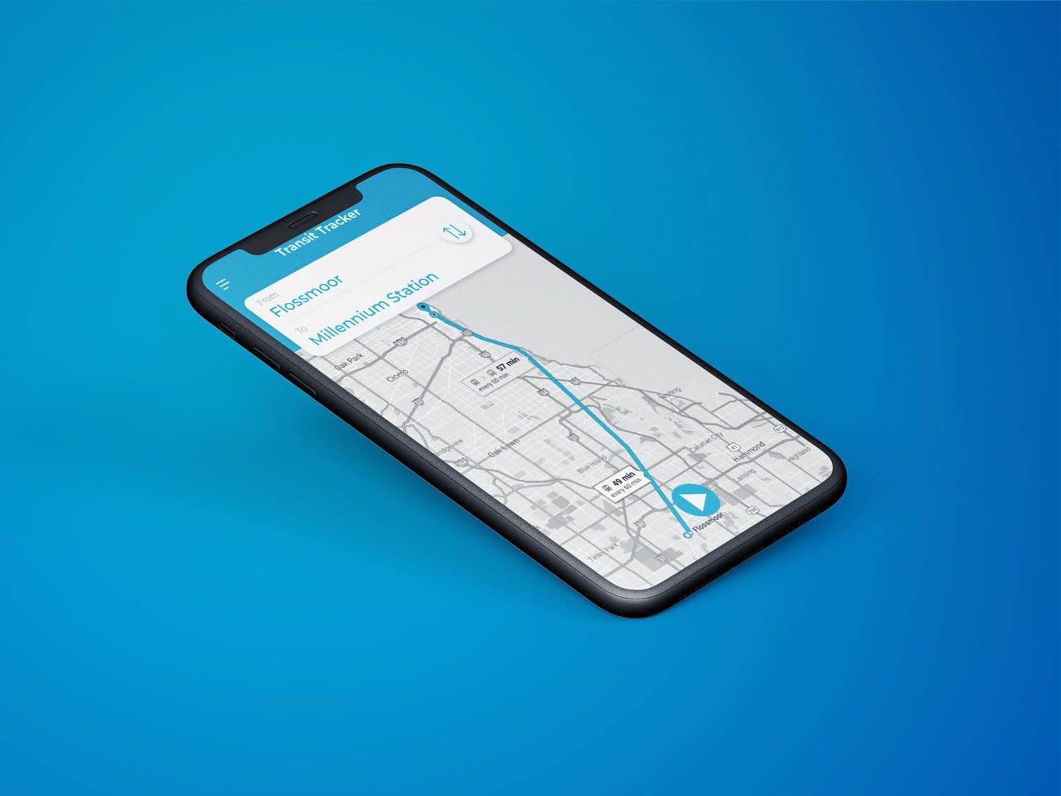 Mockup image of the transit tracker screen of a concept design for the Ventra app